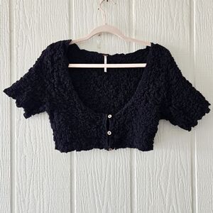 Free People Double The Fun Smocked Textured Buttoned Crop Top Black Small